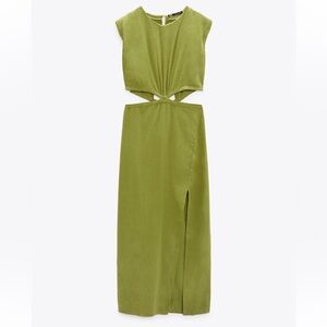Zara Linen Blend Cut Out Midi Dress in Oil Size XS